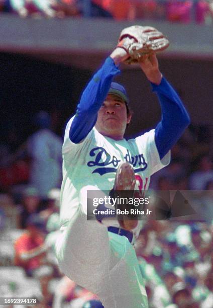 Los Angeles Dodgers Pitcher Fernando Valenzuela during game action against California Angels, April 6, 1986 in Anaheim, California.