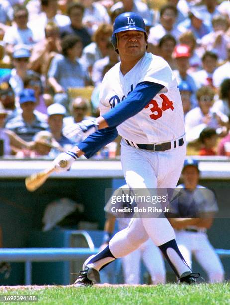 Los Angeles Dodgers Pitcher Fernando Valenzuela during game action against California Angels, April 6, 1986 in Anaheim, California.