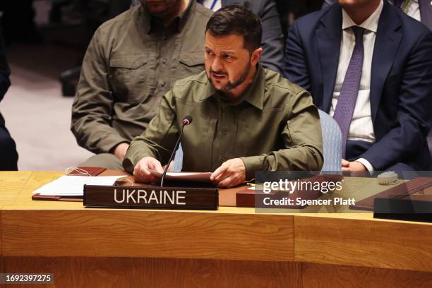 President of Ukraine Volodymyr Zelensky speaks to the U.N. Security Council on the war his country in a meeting during the United Nations General...