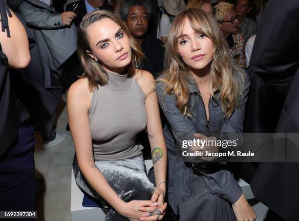 Cara Delevingne and Suki Waterhouse attend the Fendi Spring Summer 2024 fashion show on September 20, 2023 in Milan, Italy.