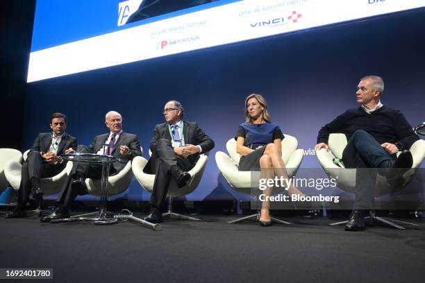 Luis Rodrigues, chief executive officer of TAP Air Portugal, Tim Clark, president of Emirates Airlines, Luis Gallego, chief executive officer of...