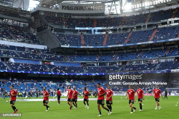 General view inside the stadium as players of FC Union Berlin warm up prior to the UEFA Champions League match between Real Madrid CF and 1. FC Union...