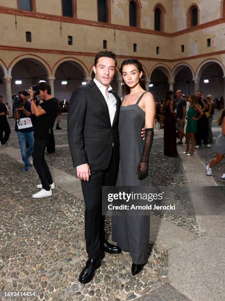 Ed Westwick and Amy Jackson attend the Alberta Ferretti fashion show during the Milan Fashion Week Womenswear Spring/Summer 2024 on September 20,...