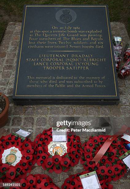 Wreaths and a memorial stone mark the location of the 1982 Hyde Park bombing on May 22, 2013 in London, England. Anthony Downey has today been...