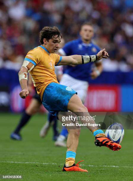 Felipe Etcheverry of Uruguay kicks the ball upfield during the Rugby World Cup France 2023 match between Italy and Uruguay at Stade de Nice on...