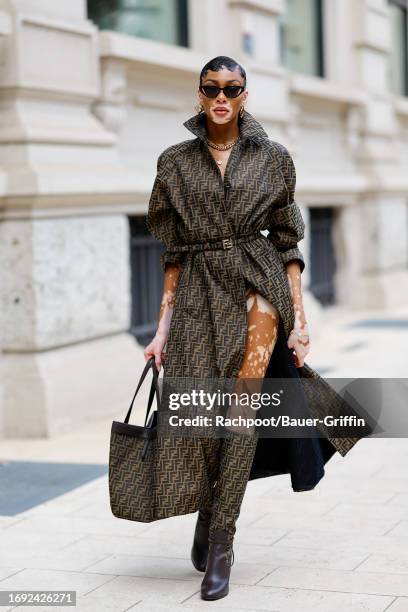 Winnie Harlow is seen heading to the Fendi show during Milan Fashion Week on September 20, 2023 in Milan, Italy.