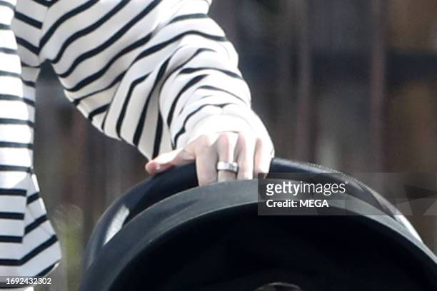 Ellie Goulding seen pushing an empty pram on September 25, 2023 in London, United Kingdom.