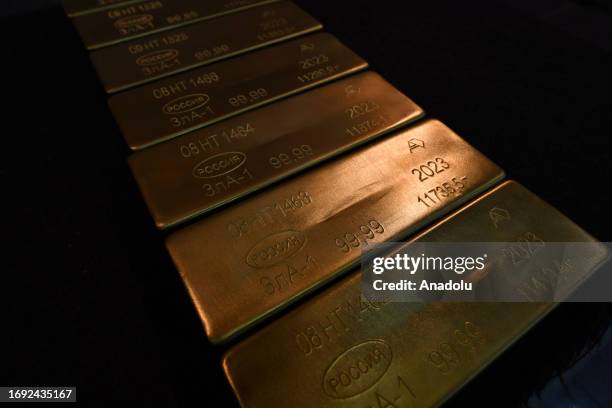 View of ingots of 99.99 percent pure gold, which are placed in a workroom, at Novosibirsk Refining Plant, Russia's leading gold refining and bar...