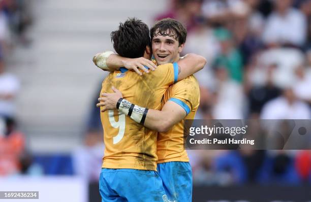 Felipe Etcheverry of Uruguay celebrates scoring a drop goal with Santiago Arata during the Rugby World Cup France 2023 match between Italy and...