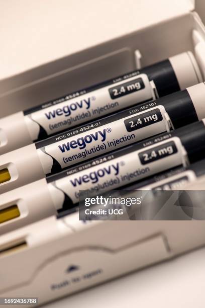 Still life of Wegovy an injectable prescription weight loss medicine that has helped people with obesity. It should be used with a weight loss plan...