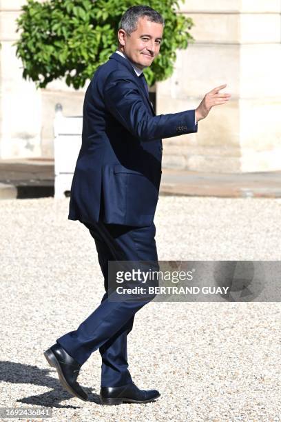 French Interior Minister Gerald Darmanin leaves after the weekly cabinet meeting at the presidential Elysee Palace in Paris, on September 27, 2023.