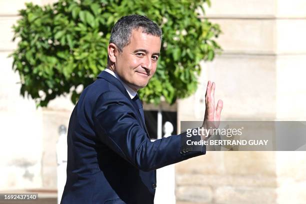French Interior Minister Gerald Darmanin leaves after the weekly cabinet meeting at the presidential Elysee Palace in Paris, on September 27, 2023.
