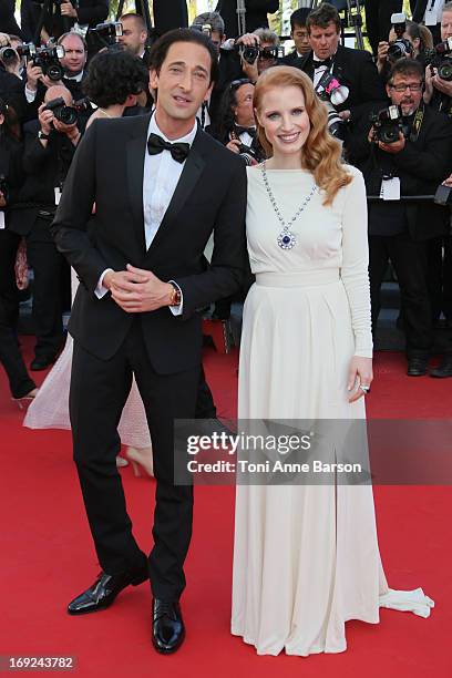 Adrien Brody and Jessica Chastain attend the Premiere of 'Cleopatra' during the 66th Annual Cannes Film Festival at the Palais des Festivals on May...