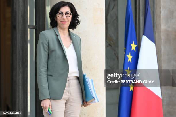 French Culture Minister Rima Abdul-Malak leaves after the weekly cabinet meeting at the presidential Elysee Palace in Paris, on September 27, 2023.