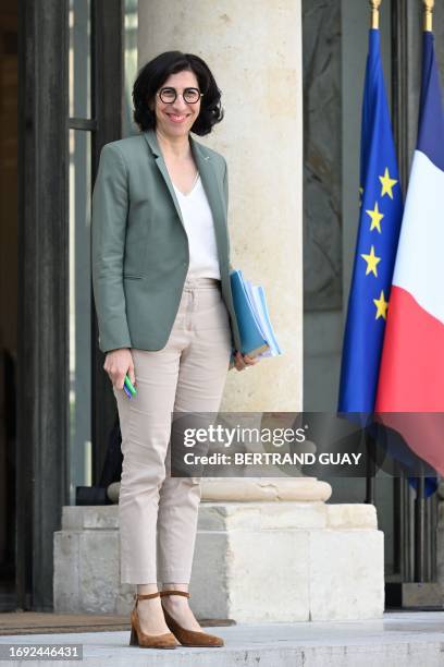 French Culture Minister Rima Abdul-Malak leaves after the weekly cabinet meeting at the presidential Elysee Palace in Paris, on September 27, 2023.