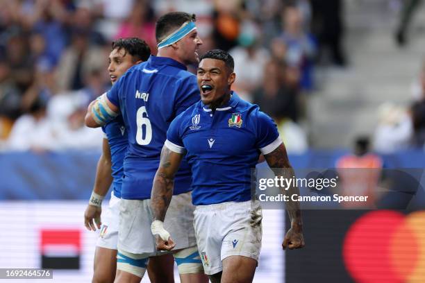 Montanna Ioane of Italy celebrates scoring his team's third try during the Rugby World Cup France 2023 match between Italy and Uruguay at Stade de...