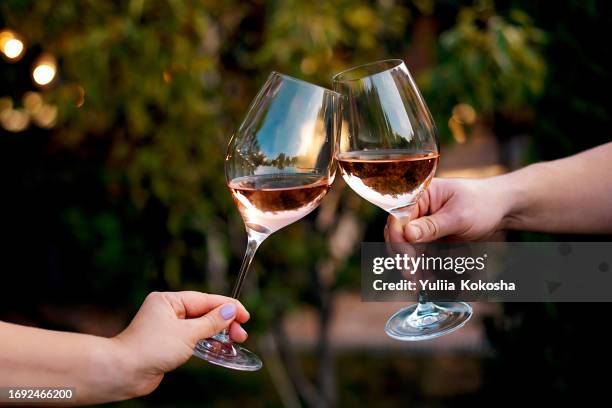 couple toasting wine glasses - copa de vino fotografías e imágenes de stock