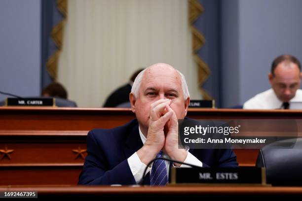 Rep. Ron Estes listens during a markup meeting with the House Budget Committee on Capitol Hill on September 20, 2023 in Washington, DC. Members of...