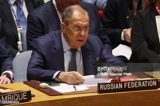 Russian foreign minister Sergey Lavrov speaks at a U.N. Security Council meeting during the United Nations General Assembly on September 20, 2023 in...