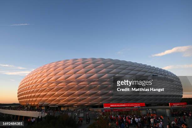 General view outside the stadium prior to the UEFA Champions League match between FC Bayern München and Manchester United at Allianz Arena on...