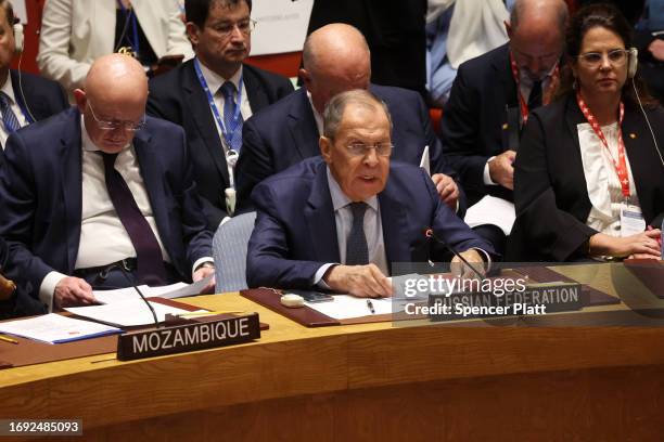 Russian foreign minister Sergey Lavrov speaks at a U.N. Security Council meeting during the United Nations General Assembly on September 20, 2023 in...