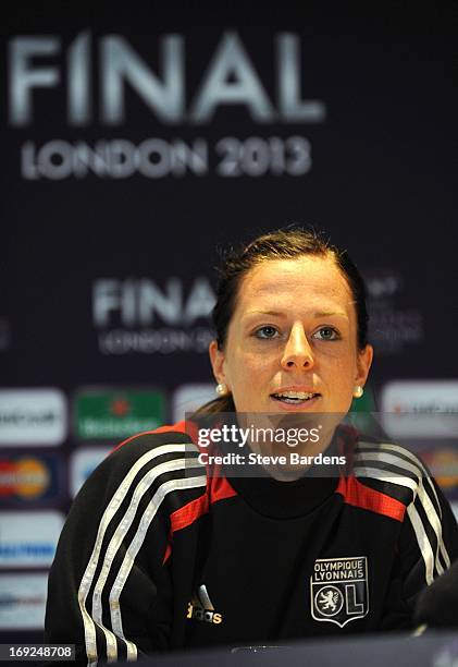 Lotta Schelin of Olympique Lyonnais talks to the media during a press conference ahead of the UEFA Women's Champions League Final at Stamford Bridge...