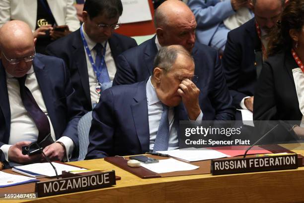 Russian foreign minister Sergey Lavrov arrives at a U.N. Security Council meeting during the United Nations General Assembly on September 20, 2023 in...