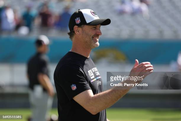 Wide receiver coach Mike Groh of the New York Giants stands on the sideline prior to a game against the Jacksonville Jaguars at TIAA Bank Field on...