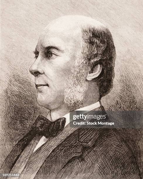 Wood engraving of British scientist Sir Francis Galton , mid to late 19th century. Known for his work in anthropology, he was also the founder of...