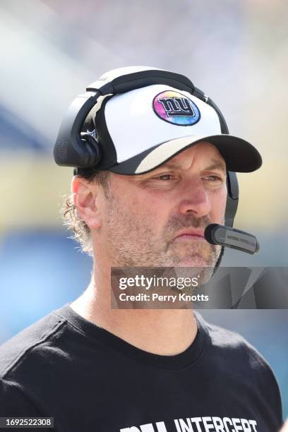Wide receiver coach Mike Groh of the New York Giants stands on the field against the Jacksonville Jaguars during a game at TIAA Bank Field on October...