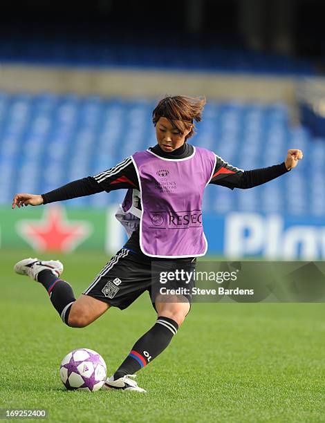 Ami Otaki of Olympique Lyonnais in action during a training session ahead of the UEFA Women's Champions League Final, at Stamford Bridge on May 22,...