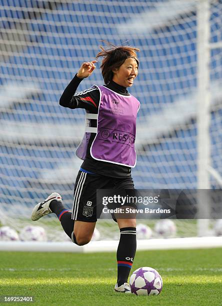 Ami Otaki of Olympique Lyonnais in action during a training session ahead of the UEFA Women's Champions League Final, at Stamford Bridge on May 22,...