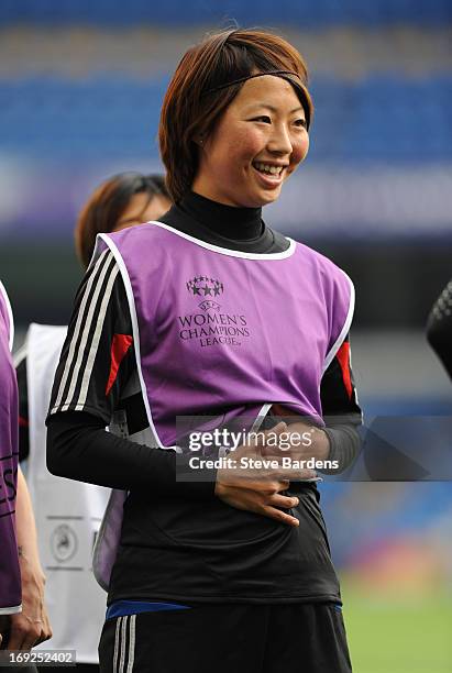 Ami Otaki of Olympique Lyonnais during a training session ahead of the UEFA Women's Champions League Final, at Stamford Bridge on May 22, 2013 in...