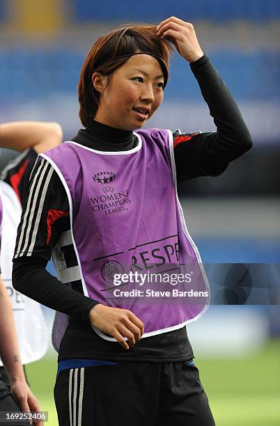 Ami Otaki of Olympique Lyonnais in action during a training session ahead of the UEFA Women's Champions League Final, at Stamford Bridge on May 22,...