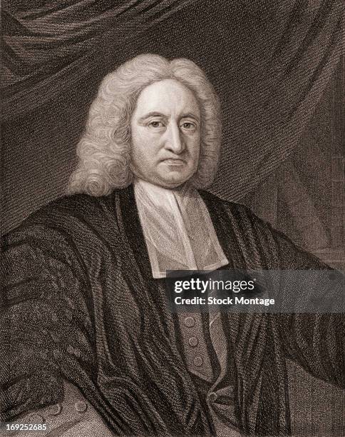 Engraved portrait of English astronomer and mathematician Edmond Halley , early 18th century. He first calculated the orbit of the celestial body...