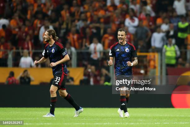 Diogo Goncalves of F.C. Copenhagen celebrates after scoring their sides second goal during the UEFA Champions League match between Galatasaray A.S....