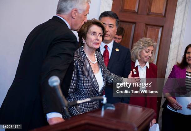 From left, Rep. Michael Michaud, D-Me., House Minority Leader Nancy Pelosi, D-Calif., Reps. Mark Takano, D-Calif., Dina Titus, D-Nev., and Ann...