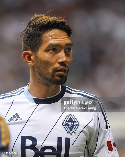 Jun Marques Davidson of the Vancouver Whitecaps in action against the Los Angeles Galaxy during an MLS Game at B.C. Place on May 11, 2013 in...