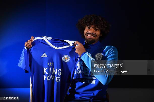 Hamza Choudhury poses as he signs a new contract with Leicester City at Seagrave Training Ground on September 27, 2023 in Leicester, United Kingdom.