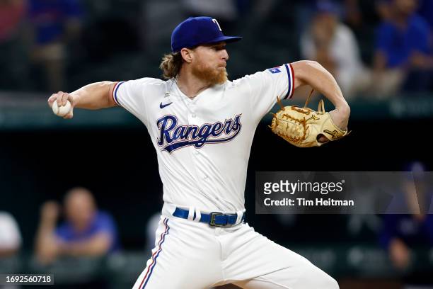 Jon Gray of the Texas Rangers pitches in the first inning against the Boston Red Sox at Globe Life Field on September 20, 2023 in Arlington, Texas.