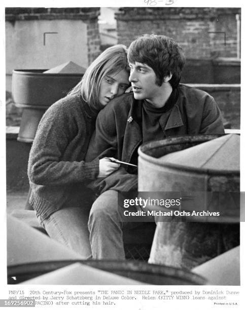 Kitty Winn leans on Al Pacino in a scene from the film 'The Panic In Needle Park', 1971.