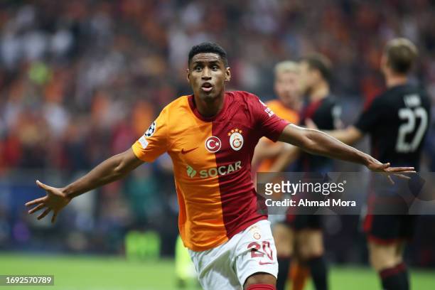 Tete of Galatasaray celebrates after scoring their sides second goal during the UEFA Champions League match between Galatasaray A.S. And F.C....