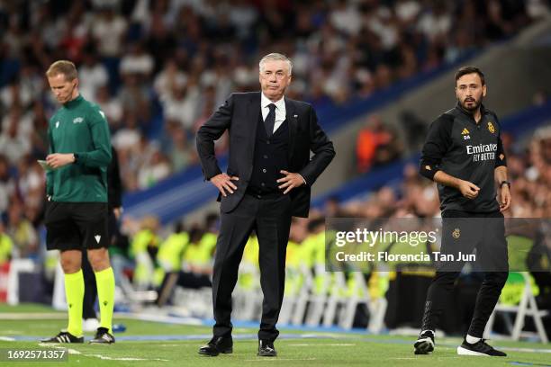 Carlo Ancelotti, Head Coach of Real Madrid, reacts during the UEFA Champions League match between Real Madrid CF and 1. FC Union Berlin at Santiago...