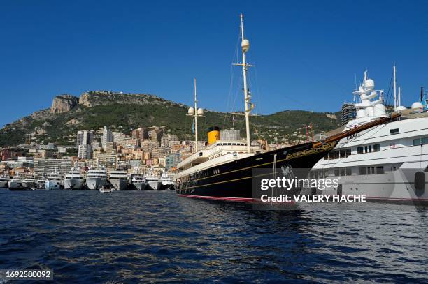 This photo shows moored yachts at the Hercules Port during the 32nd edition of the International Monaco Yacht Show in Monaco, on September 27, 2023....