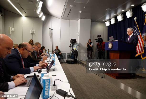 Federal Reserve Board Chairman Jerome Powell speaks during a news conference after a Federal Open Market Committee meeting on September 20, 2023 at...