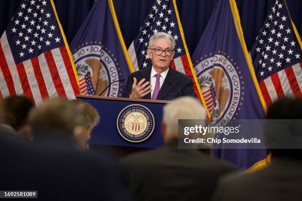 Federal Reserve Board Chairman Jerome Powell speaks during a news conference after a Federal Open Market Committee meeting on September 20, 2023 at...