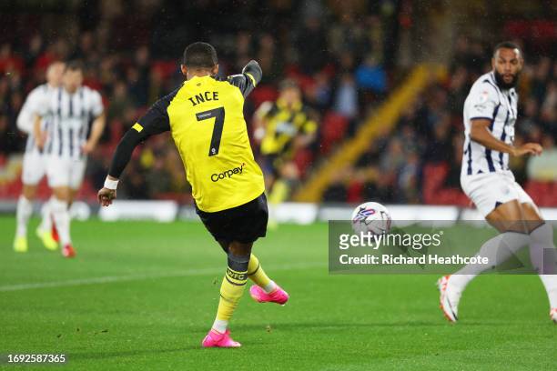 Thomas Ince of Watford scores the team's first goal during the Sky Bet Championship match between Watford and West Bromwich Albion at Vicarage Road...