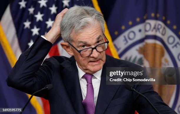 Federal Reserve Board Chairman Jerome Powell speaks during a news conference after a Federal Open Market Committee meeting on September 20, 2023 at...