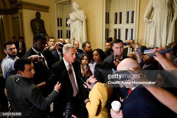 Speaker of the House Kevin McCarthy speaks to reporters after leaving the House Chambers in the U.S. Capitol Building on September 20, 2023 in...