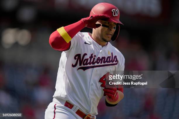 Joey Meneses of the Washington Nationals gestures after he hits a two run home run against the Chicago White Sox during the fifth inning at Nationals...
